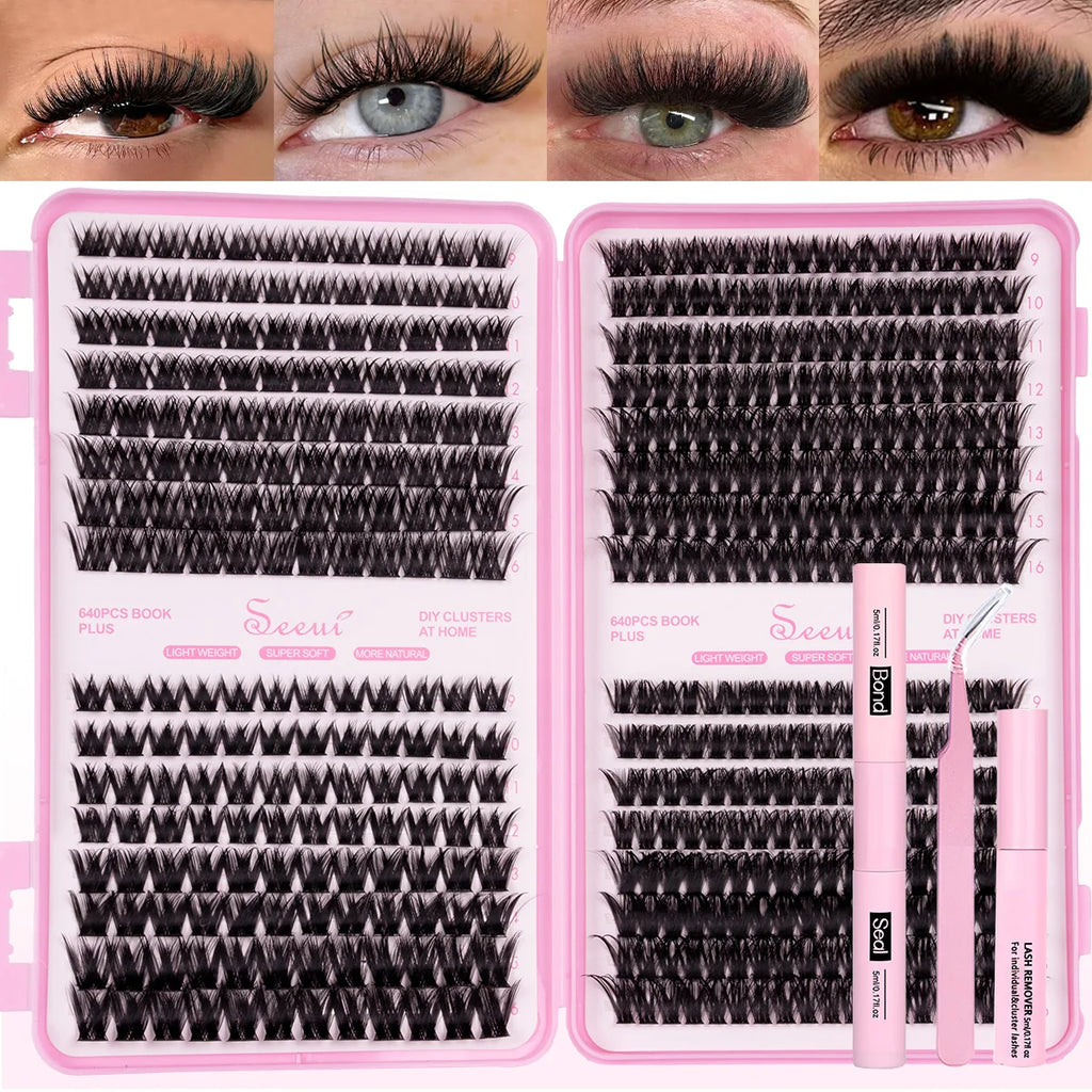 SEEUI Lash Clusters Kit Natural Look Large Capacity Lash Extension Kit with Lash Bond And Seal Eyelash Tweezers