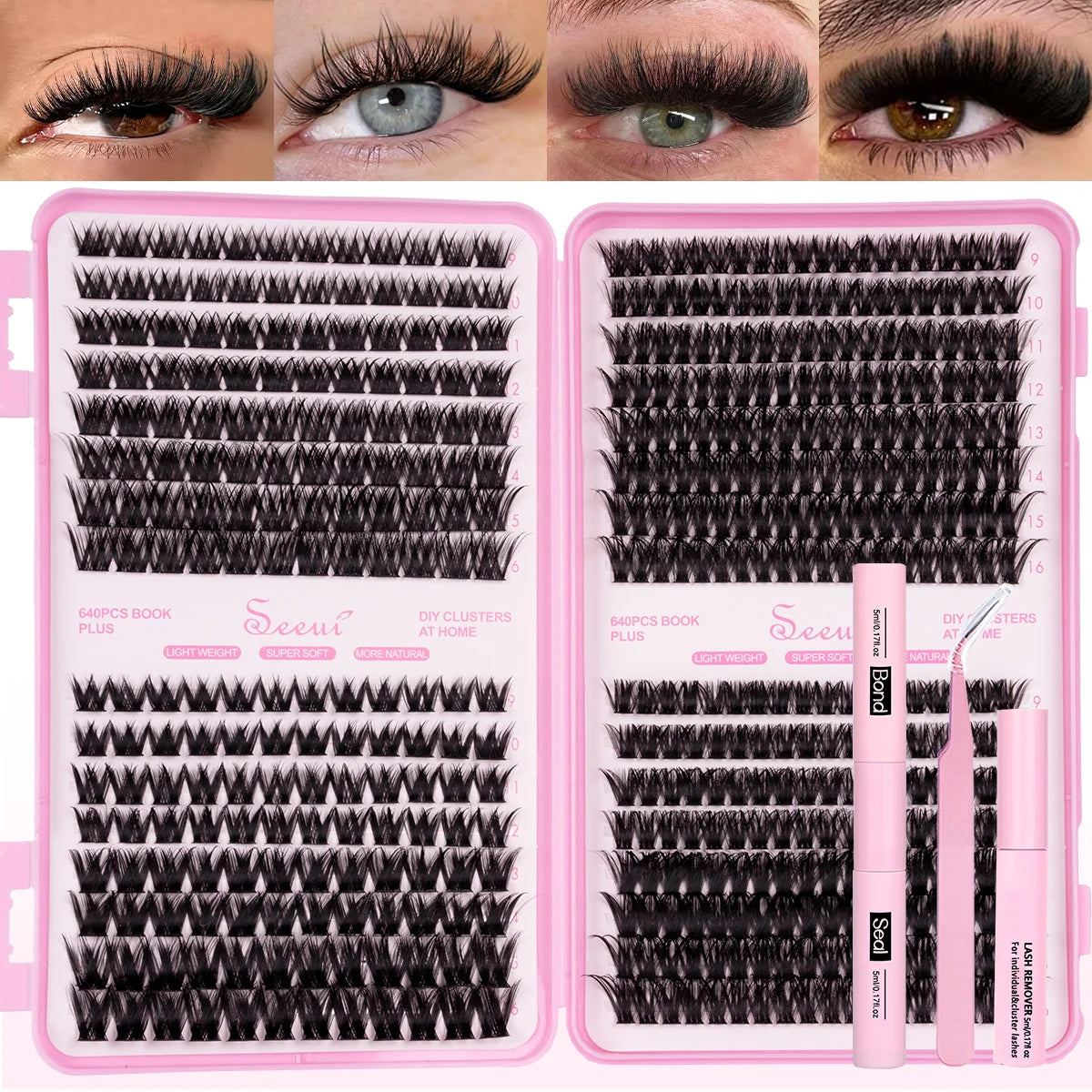 SEEUI Lash Clusters Kit Natural Look Large Capacity Lash Extension Kit with Lash Bond And Seal Eyelash Tweezers