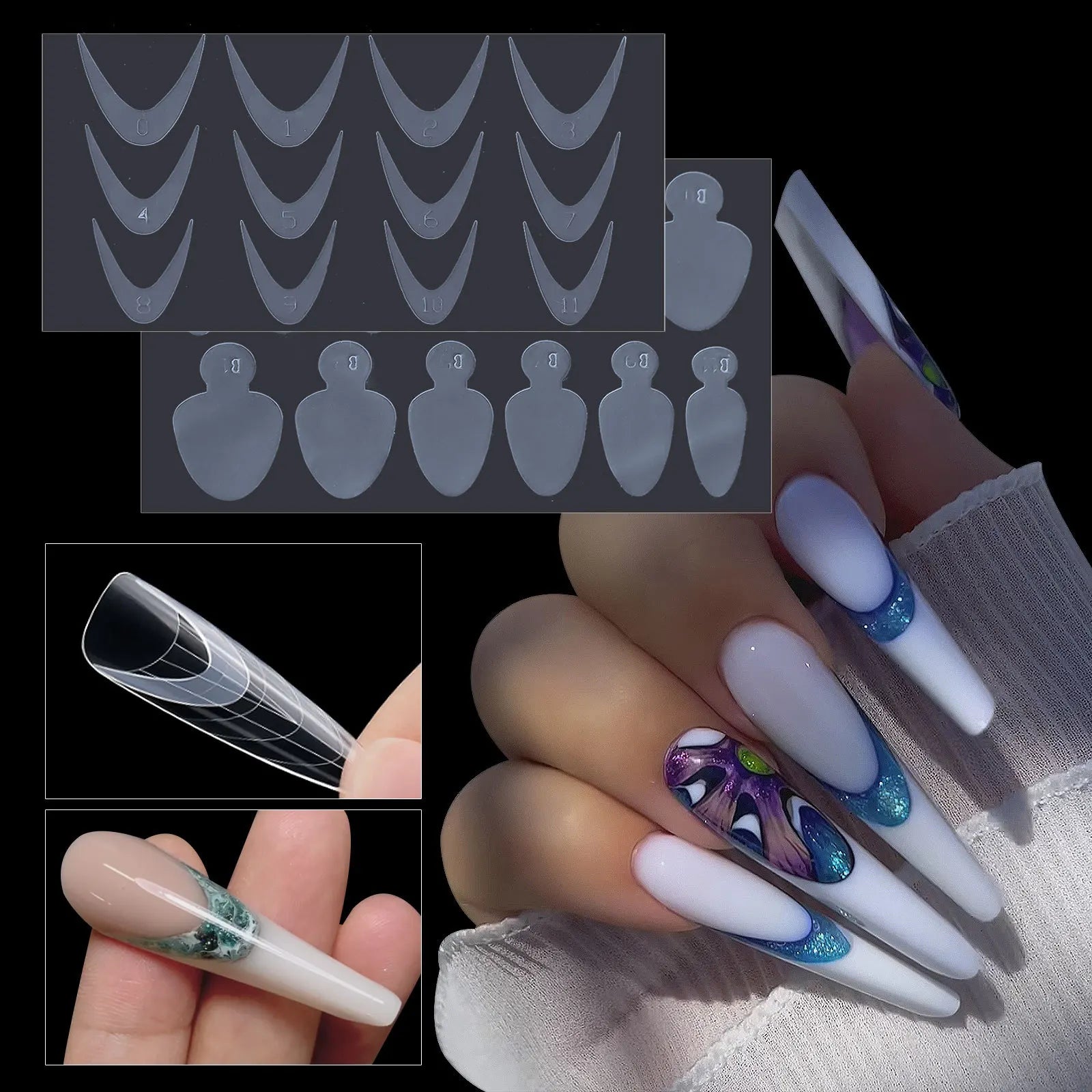 12 Pieces Crystal Nail Molds French Nail Stickers No Frosting No Paper Holder Reusable for French Manicure Extension Tool