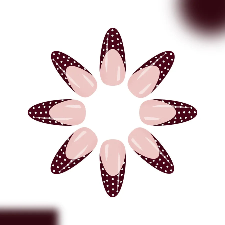 Sweet French Tip Press On Nails Medium Almond Shape Glossy Red White Polka Dot Fake Nails 24pcs