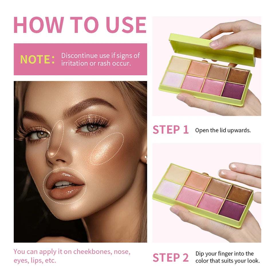 8 Colors Cream Highlighter Palette for Highlight Face Brighten Highlighter Blush Shimmer Waterproof Makeup Tool Cosmetics