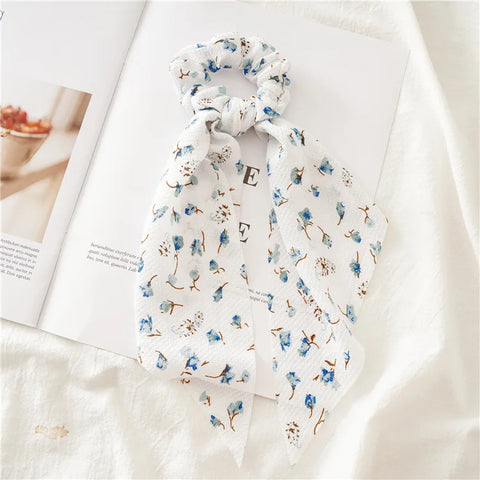 2023 Fashion Print Chiffon Long Ribbon Scrunchies Women Girls Ponytail Scarf Elastic Hair Bands Ties Hair Accessories Wholesale
