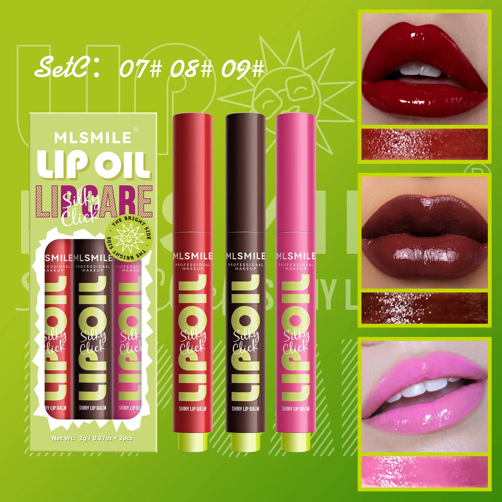 MLSMILE 3pcs/set Press Lipstick Solid Lip Gloss Long-lasting Easy Color Moisturizing Lip Gloss Pearl Mirror Lip Gloss