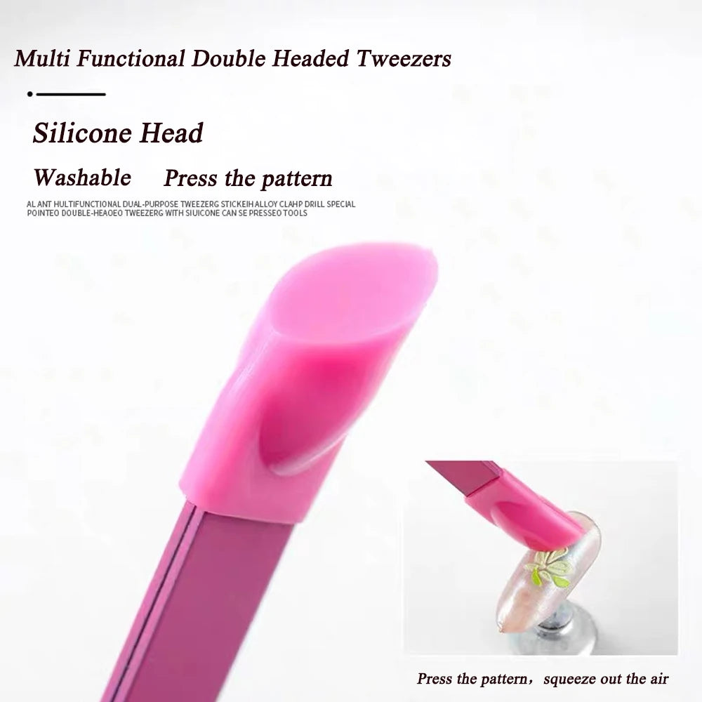 Black/Pink Double Headed Tweezers Stainless Steel Slant Tip Makeup Tool Silicone Press Head For Nail Stickers Eyelashes Tweezers