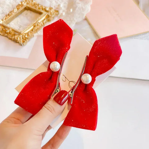 Red Golden Velvet Bow Hair Ornament Baby Hair Circles Pins Christmas New Year Korean Accessories Hair Clips for Women Girls