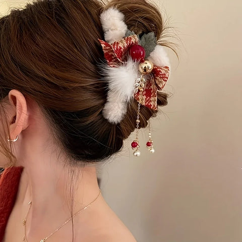 1/2pcs Elegant Christmas Plush Bow Tassel Hair Claw Clips for Women-Holidays, Christmas Day, Thanksgiving Gifts