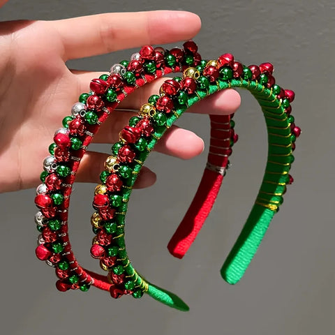 Festive Christmas Headband with Red & Green Beads, Golden Accents & Bell Charms - Hand-Wrapped Polyester Party Accessor