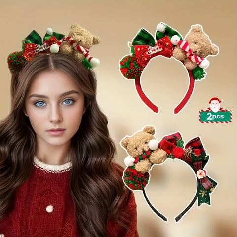 Christmas Bear Headband with Bow - Festive plush hair accessory for women, perfect for parties & photos. Lightweight & stylish!