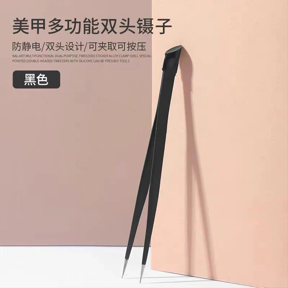 Black/Pink Double Headed Tweezers Stainless Steel Slant Tip Makeup Tool Silicone Press Head For Nail Stickers Eyelashes Tweezers