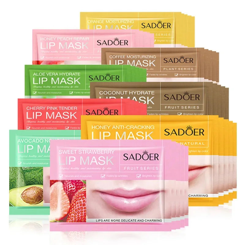 10pcs SADOER Fruits Moisturizing Lip Mask Lips Skin Care Nourishing Hydrating Crystal Collagen Gel Lip Patches Lips Plumper