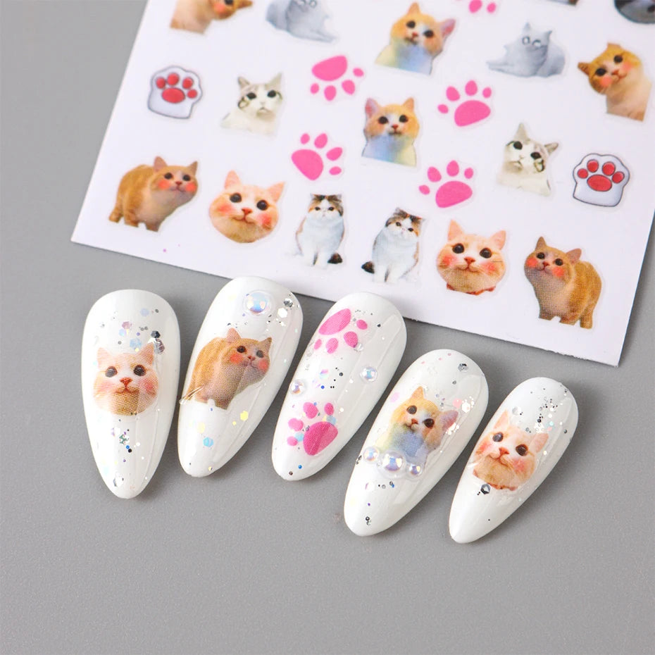 Lovely Dog Cat Animal Bunny 3D Korean Cartoon Scrawl Relief Self Adhesive Nail Art Stickers Cute Pretty Puppy Kitty Star Manicur