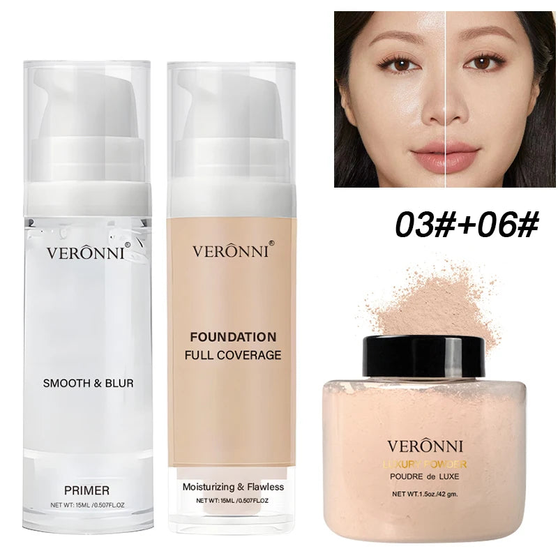 3-Piece Beginner Face Makeup Kit-Matte Waterproof Foundation,Hydrating Primer,Oil-Control Loose Powder,Full Coverage Concealer