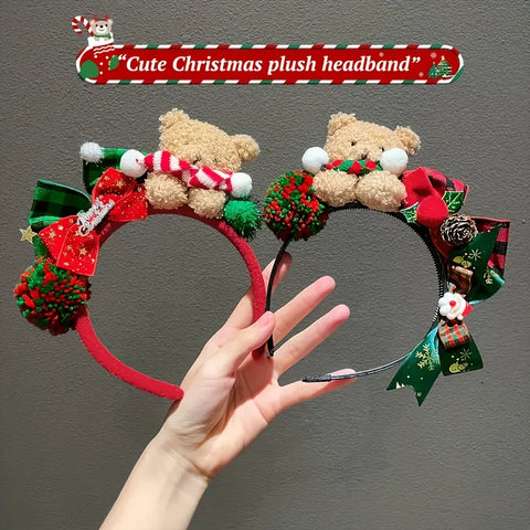 Christmas Bear Headband with Bow - Festive plush hair accessory for women, perfect for parties & photos. Lightweight & stylish!