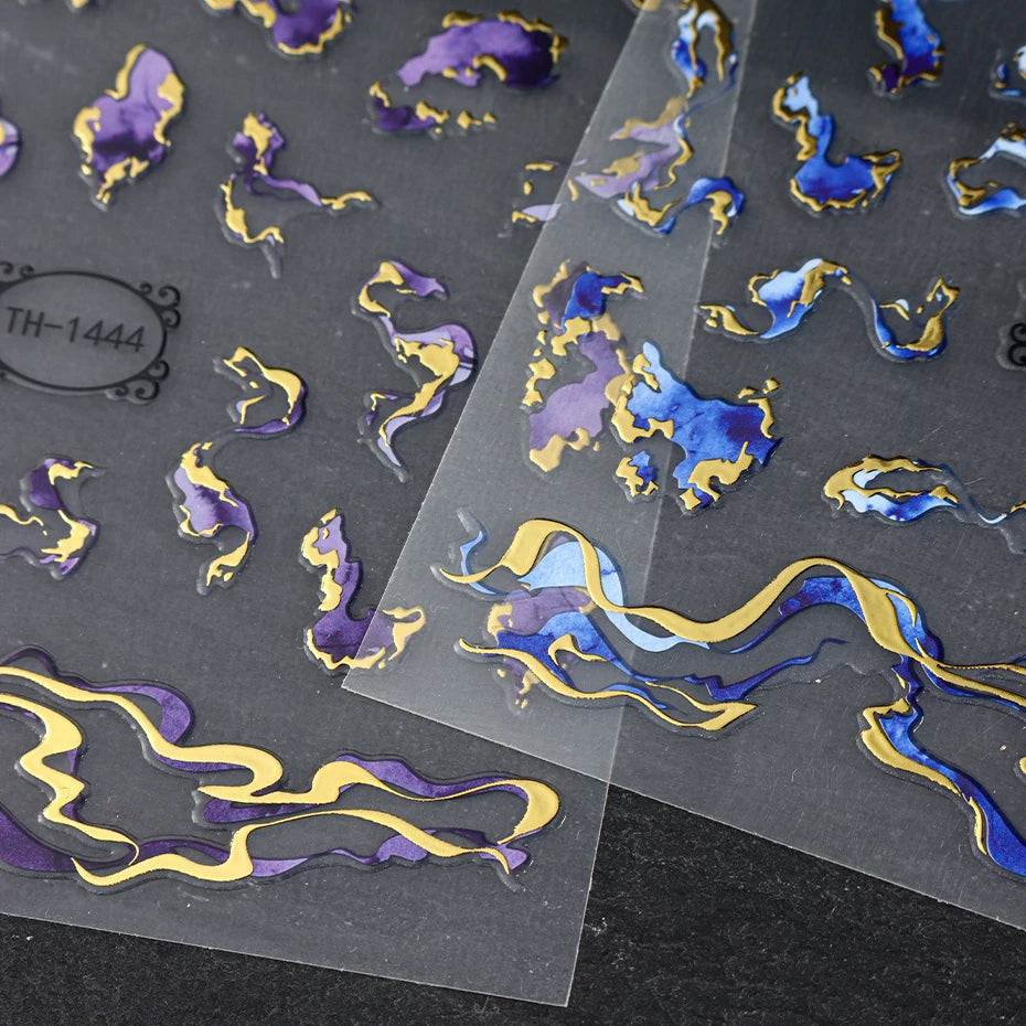 Nails Stickers Purple Blue Brown Ink Design Decals Gold Decorations Art Self-Adhesive Holographic Gel Slider Manicure Supplies