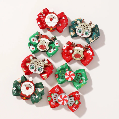 4pcs New Christmas Hair Bow Clips for Baby Girls DIY Glitter X'mas Santa Elk Bowknot Hairpin Cute Kid Headwear Hair Accessories