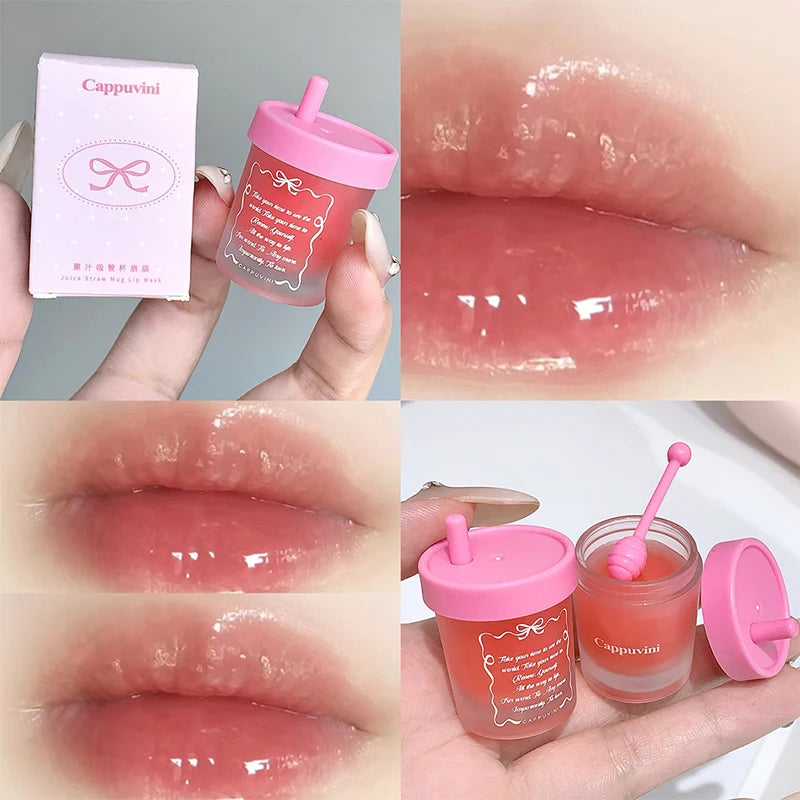Cappuvini Juice Straw Cup Lip Mask Fruit-Flavored Lip Care Moisturizing for Day and Night in Autumn and Winter Prevents Chapped Lips Long-Lasting Moisturizing Improves Lip Lines Deeply Moisturizing Care High-Quality Lip Balm