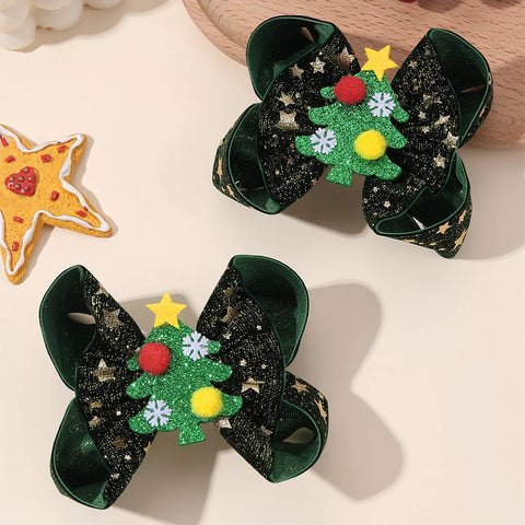 2Pcs Christmas Star Bow Hair Clips Glitter Antler Bownot Hairpins Vintage Velvet Barrette For Girls Xmas Headwear Accessories