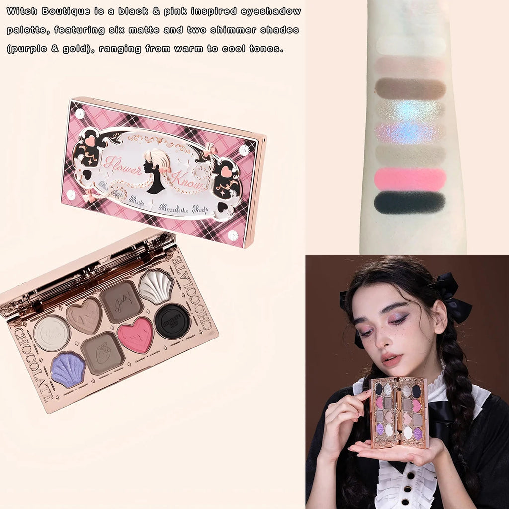 Flower Knows Chocolate Wonder-Shop 8-Color Eyeshadow Palette Matte Shimmer Waterproof Highly Pigmented Long Lasting Makeup