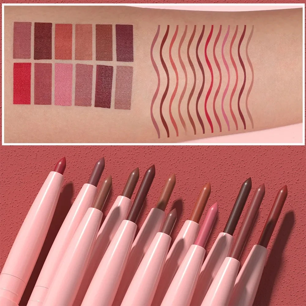 DUNUF 12 Color Velvet Matte Lipliner Pencil Waterproof Non-stick Cup Lipstick Nude Pink Lip Liner Outline Lips Contour Makeup
