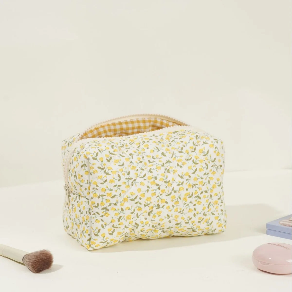 Women's Bag Floral Quilted Cosmetic Bag Large-capacity Cotton Fabric Storage Toiletries Bag For Cute Ladies Checkered Embroidery