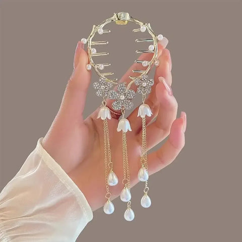 Flower Tassel Hair Clip Women Ladies Butterfly Rhinestone Pearl Metal Hair Claw Round Bun Ponytail Holder Hair Accessories
