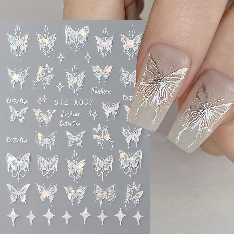 Black White Butterfly Laser Nail Stickers Y2K Nail Art Decoration Abstract Metal Lines Bronzing Lace Flowers Stickers For Nails
