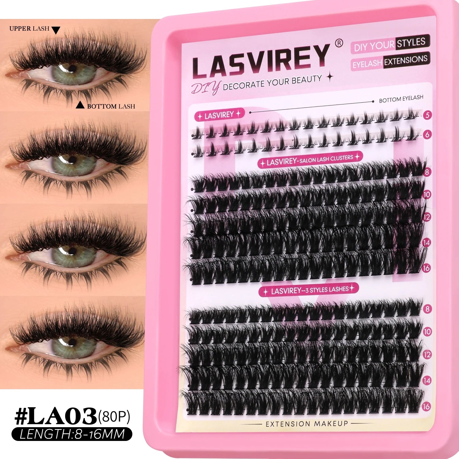 Lasvirey DIY Lashes Kit Fluffy Lash Clusters Kit Mixed Individual Eyelashes with Bottom Lashes Extension Cluster Lashes Makeup