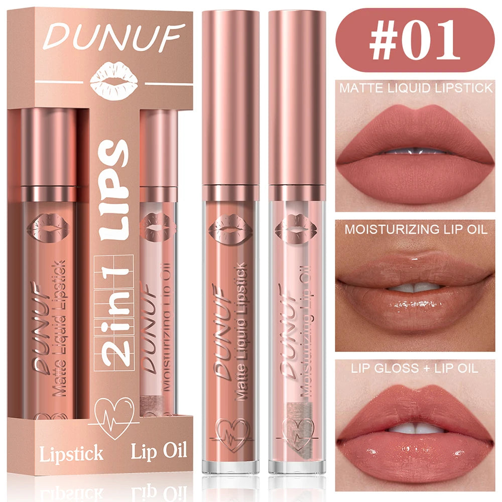 DUNUF Lip Gloss And Lip Oil Set 2-Piece Long-Lasting Waterproof Matte Moisturizing Non-Fading Lipstick Collection