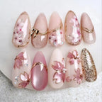 24pcs Gradient Pink Almond False Nail Tips Wearable Cat's Eye Smudge Design Nails Set Press on Sweet Butterfly Flower Fake Nails