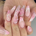 24pcs Tropical Flower Press On Nails Colorful French 3D Crystal Butterfly Shells Pattern Printed False Nails Almond Fake Nail