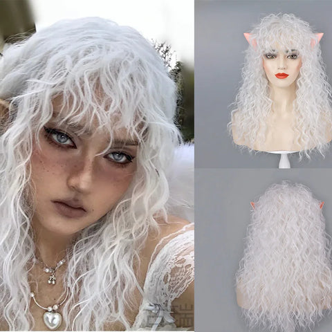 White Curly Wig and Elf Ears for Women Costume Long Curly with Bangs Heat Resistant Synthetic Cosplay Halloween Christmas Party