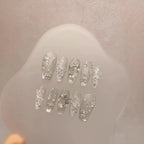 Snow White Carol Winter Handmade Press On Nails White Christmas Cat Eye Fake Nails Snowflake Star Bow Christmas Tree Nail Art