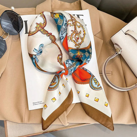 70x70cm Fashionable Korean Style Silk Square Scarf Satin Print Hairband Necktie Hair Accessory Headscarf Versatile Wrap Scarf
