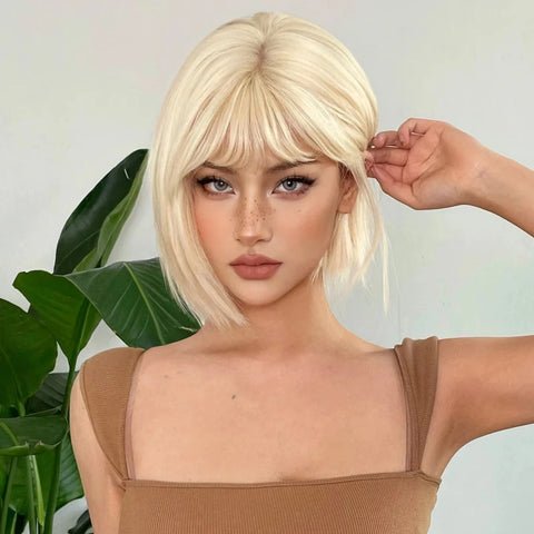 Short Straight Bob Light blonde synthetic wig Ladies straight bangs Hot silk wig Christmas party Cosplay daily wear wig