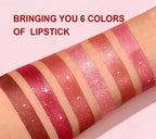 6pcs Diamond Pink Lipstick Set Chocolate Brown Metallic Glitter Long Lasting Shimmer Pearl Sparkling Lip Gloss Makeup