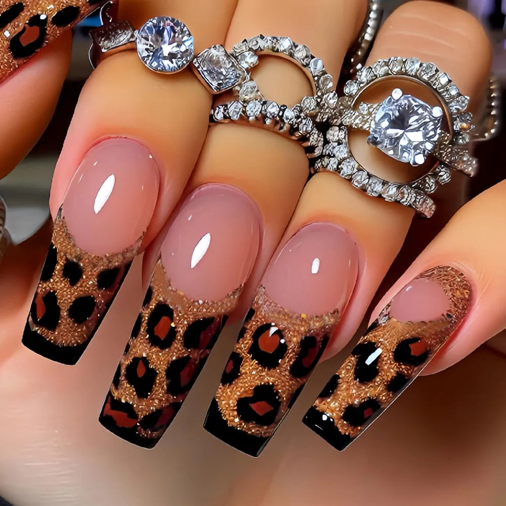 Medium long fake nails for women girls Y2K colorful gradient leopard print Pink green coffee coffin tips press on false nail set