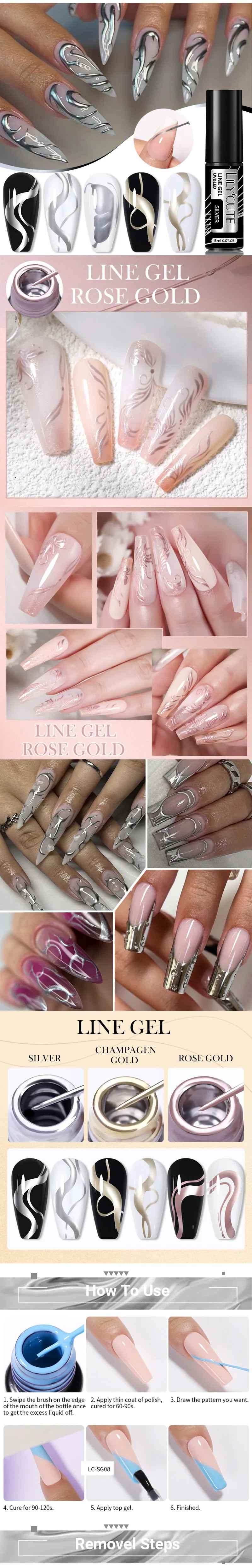 LILYCUTE 3Pcs/Set Metallic Painting Liner Gel Polish Super Bright Gold Silver Mirror Gel Nail Polish Semi Permanent Nail Get