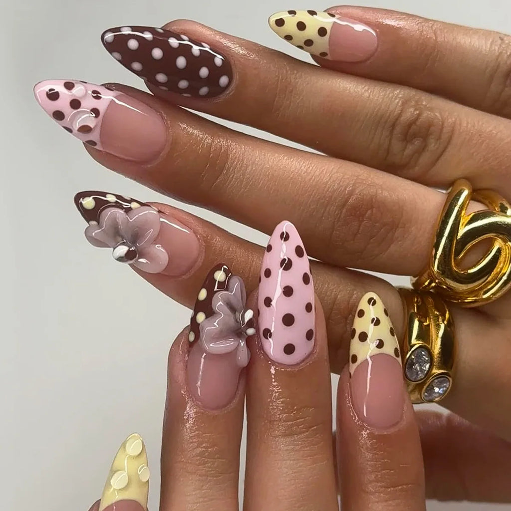 24pcs Tropical Flower Press On Nails Colorful French 3D Crystal Butterfly Shells Pattern Printed False Nails Almond Fake Nail