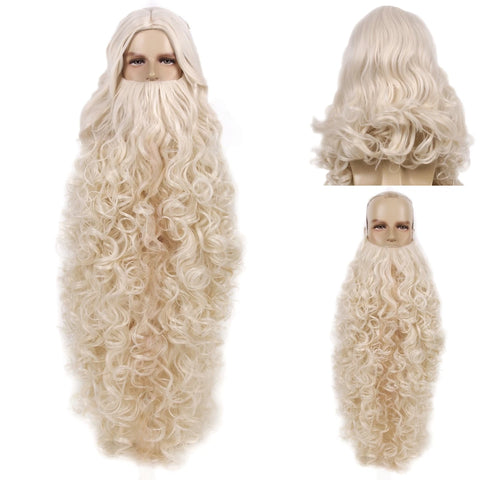 REEWES Christmas Santa Claus Hair Wig+Beard Set Cosplay Accessory Blonde synthetic  Wig For Men Halloween Dress Costume