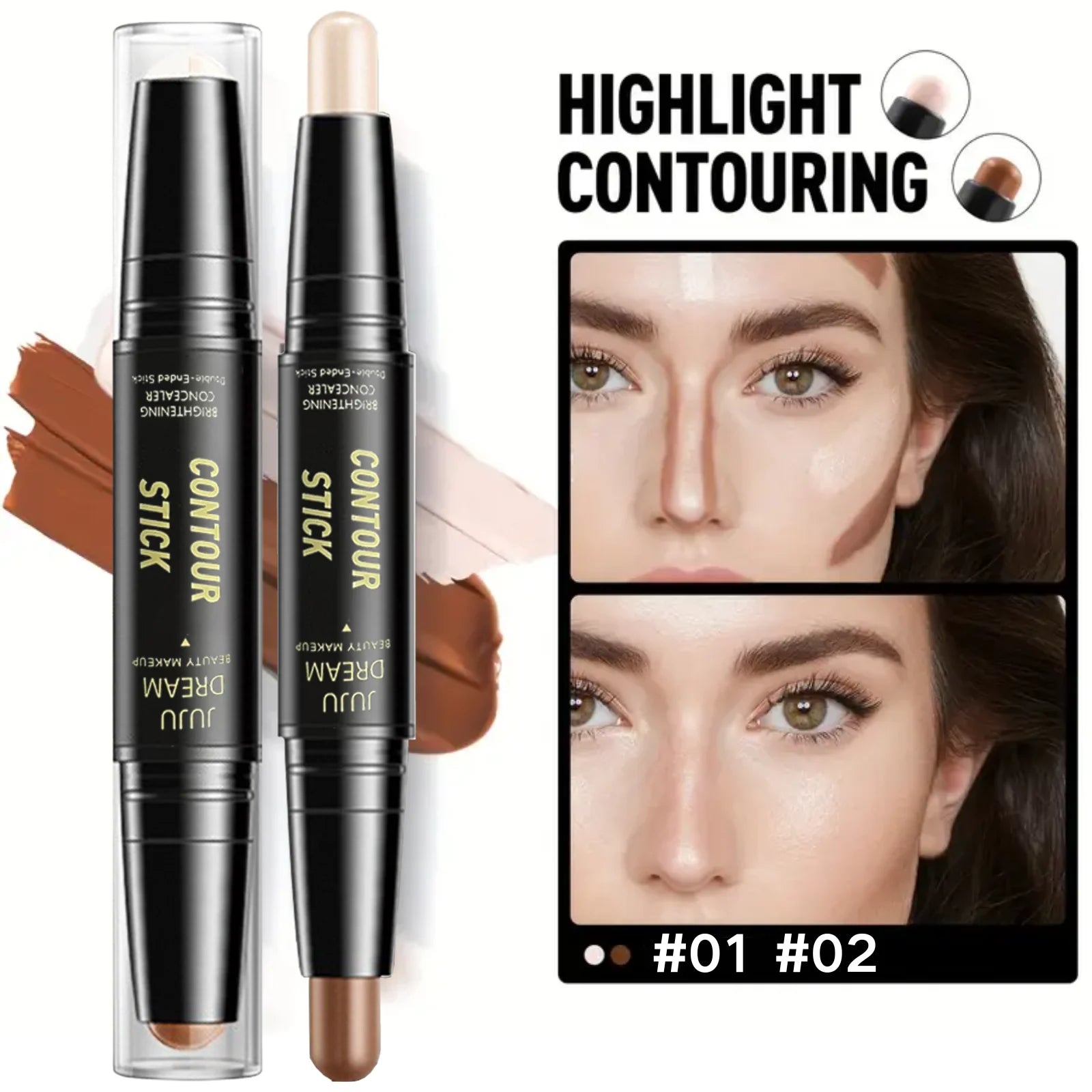 2pcs Dual-Ended Contour & Highlight Stick Set- Waterproof & Long-Lasting Dual-Purpose Concealer Highlighter Pen