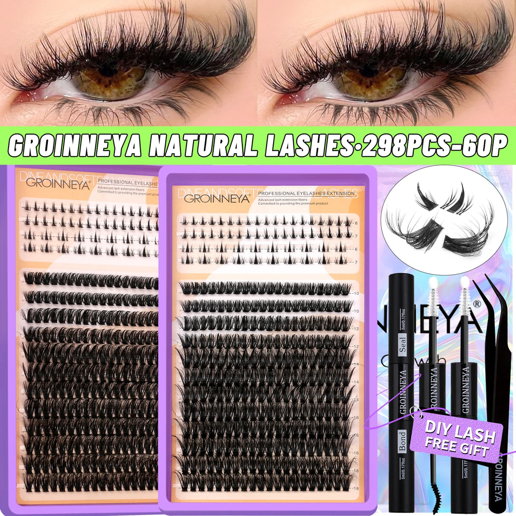 GROINNEYA Lashes Clusters Kit With Lash Bond And Seal And Eyelash Tweezers Waterproof Strong Hold DIY Lash Extension Kit Makeup
