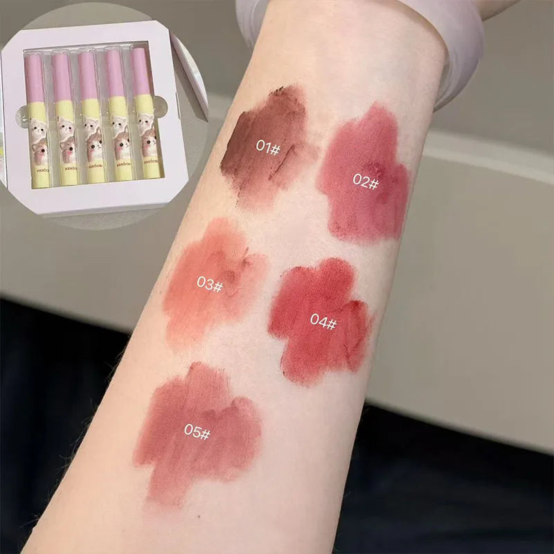 7 PCS Lip Mud Set Kawaii Cat Velvet Nude Lipstick Matte Texture Silky Easy to Color Long-lasting Lip Glaze Makeup Perfect Gifts