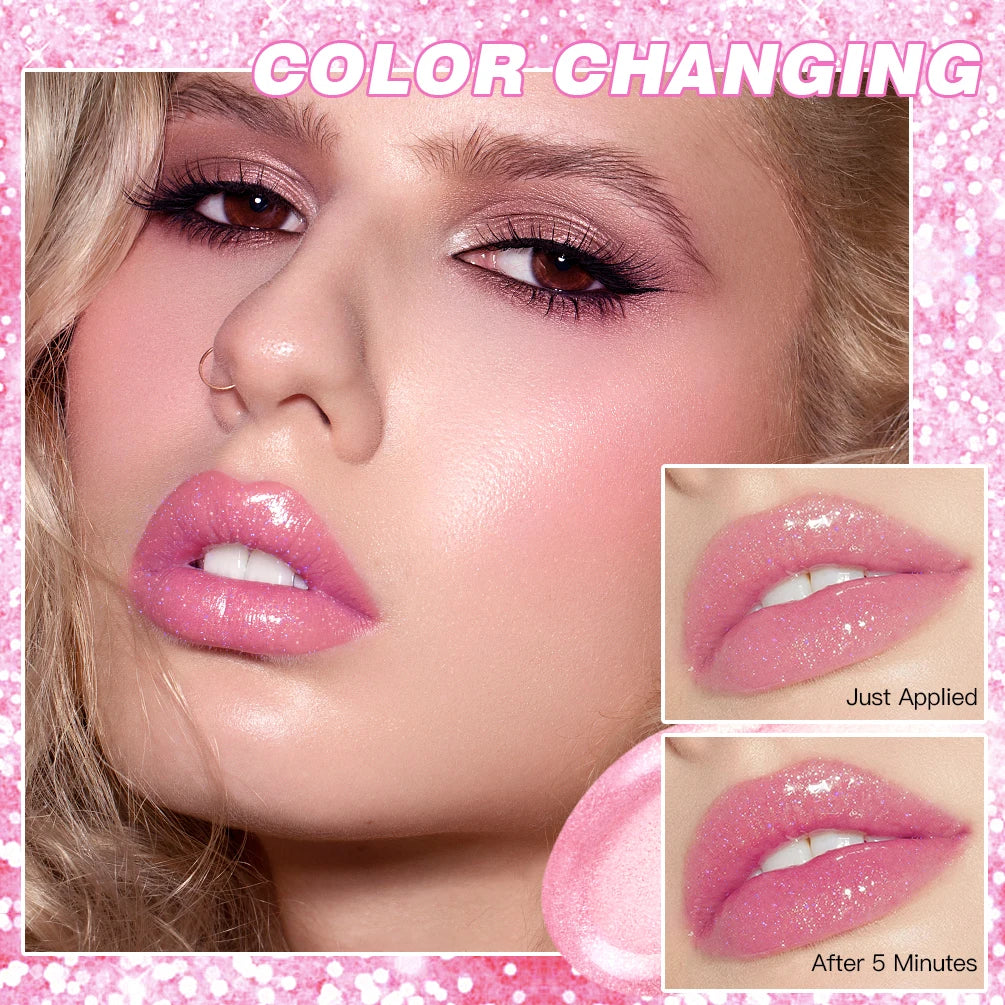 QIBEST Glitter Lipstick Lip Balm Color Change Transparent Moisturizing Crystal Jelly Pearlescent Lip Plumper Gloss Tint Cosmetic