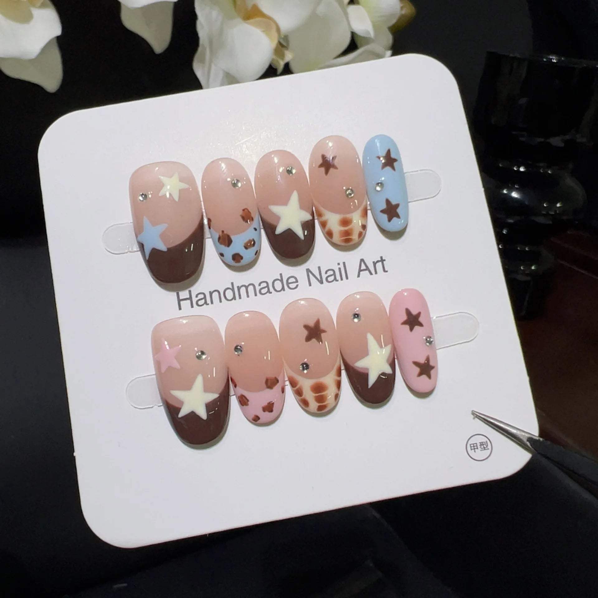 10PCS Ins Blue Short Oval False Nails Retro Hand-drawn Brown Polka Dot Bow French Press on Nails Full Cover Detachable Manicure