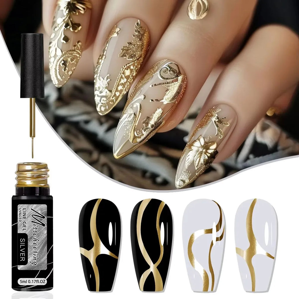 Gold Silver Metallic Liner Paint Gel Nail Polish Chrome Mirror Metal Effect Super Bright French UV LED Semi Permanent Nail Gel