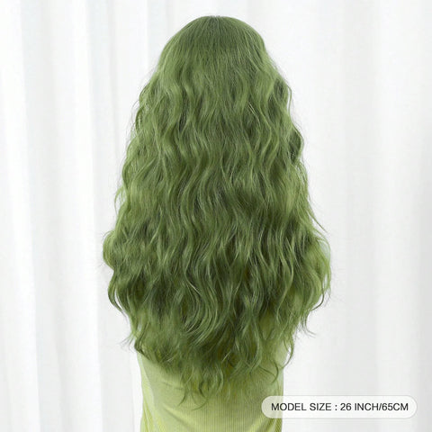 Long Curly Green Wave Synthetic Wigs with Bangs for Women Christmas Grass Green Cosplay Wigs Daily Natural Hair Heat Resistant
