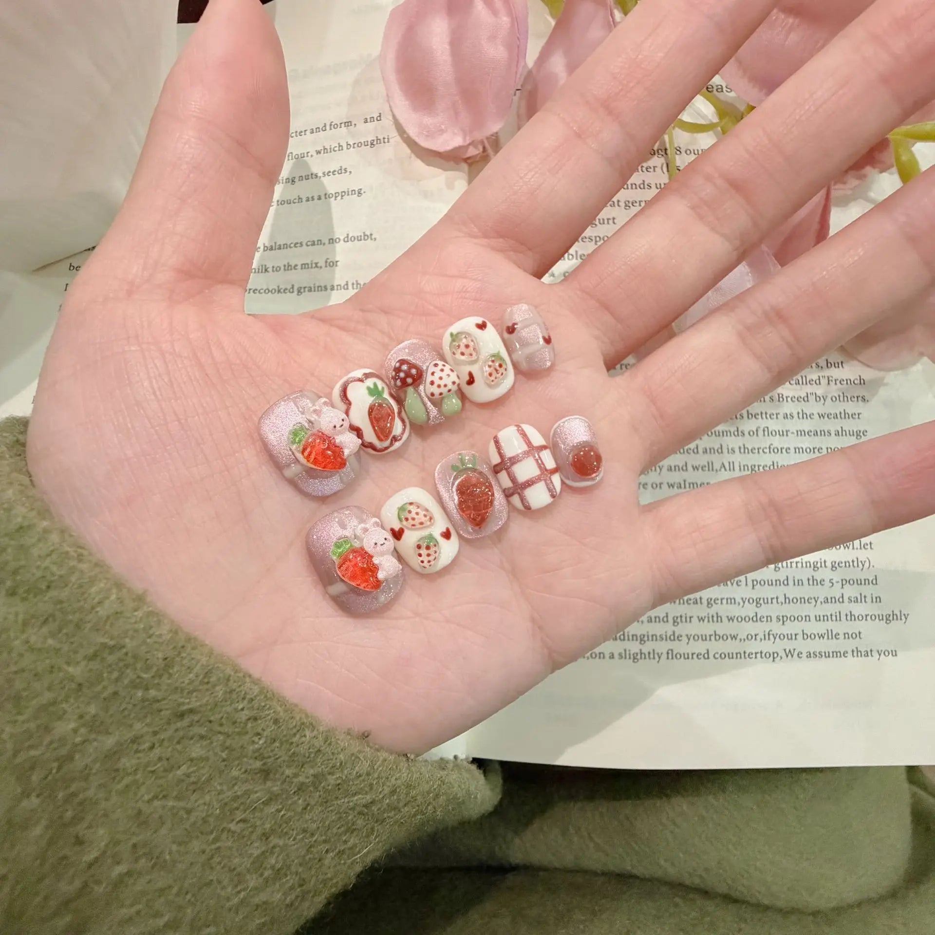 10pcs Handmade Press on Nails Short Square Watermelon Star-Moon  Full Coverage Nail Tips for Women&Girl Removable Wearable nail