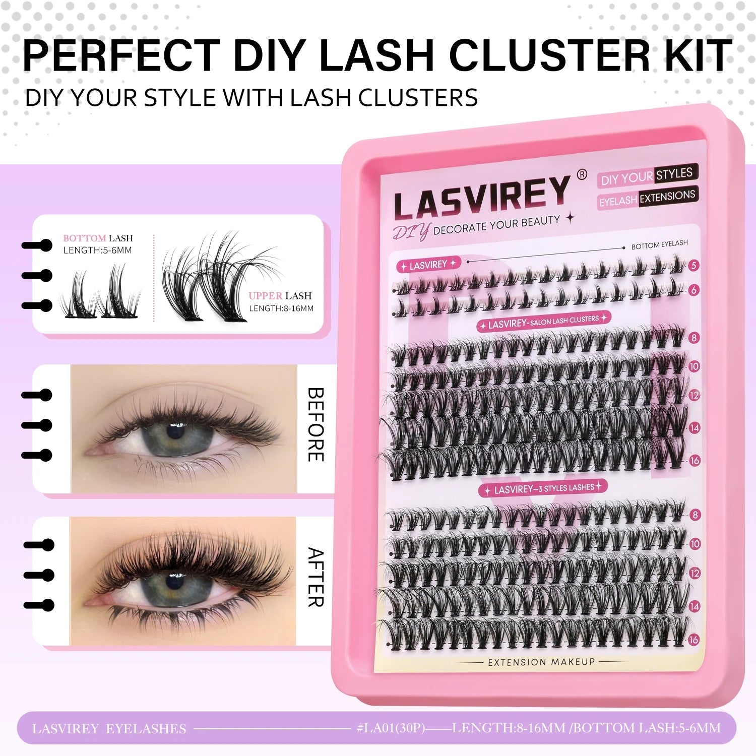 Lasvirey DIY Lashes Kit Fluffy Lash Clusters Kit Mixed Individual Eyelashes with Bottom Lashes Extension Cluster Lashes Makeup