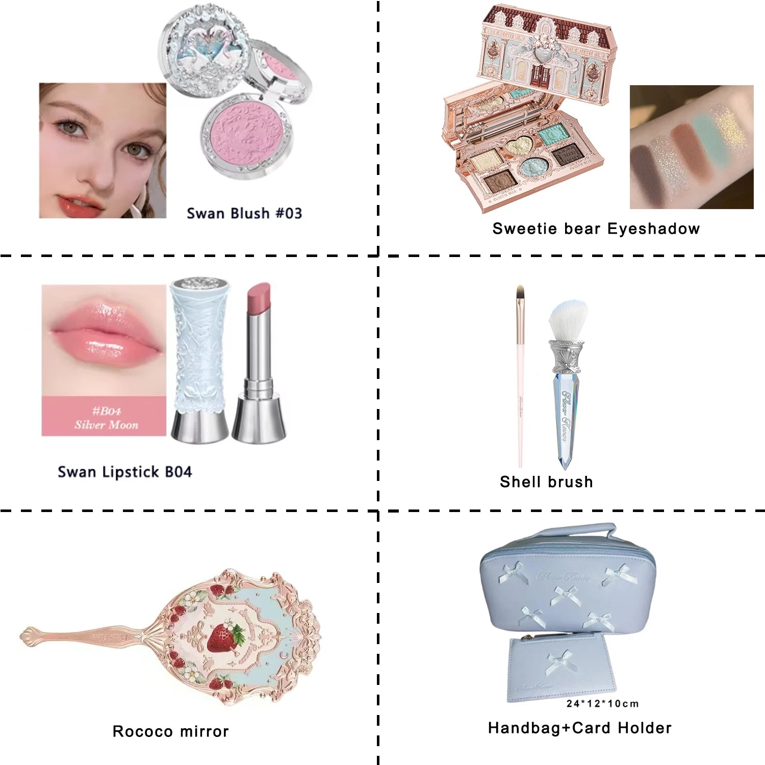 Flower Knows Swan Ballet Collection 6 Color Palette Embossed Blush Shine Lipstick Fairy Tale Ballet Makeup Gift Set