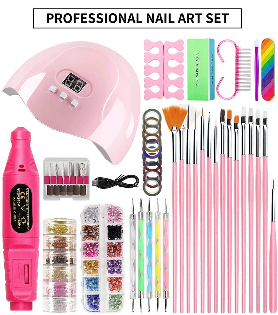Manicure Set with UV Lamp and Nail Drill Machine Glitter Powder Kit for Acrylic Nails Art Accessories Decoration DIY Tools